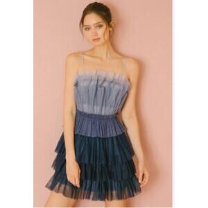Storia Blue Ombre Colorblock Tulle Ruffle Layered Dress Party Cocktail Small
